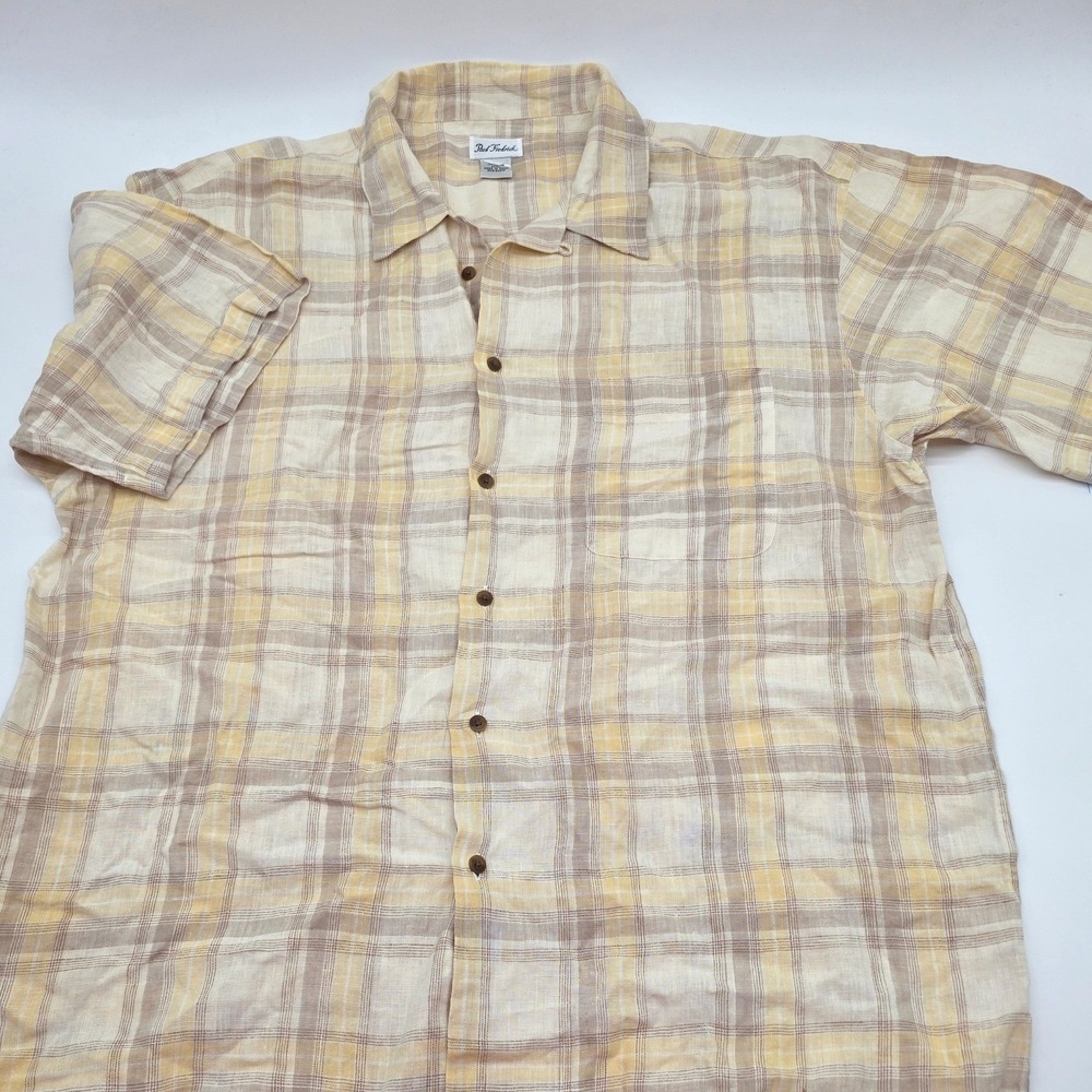 Casual Classic ResortWear Button Down Men 2L YLW 100% Linen Plaid Short Sleeve